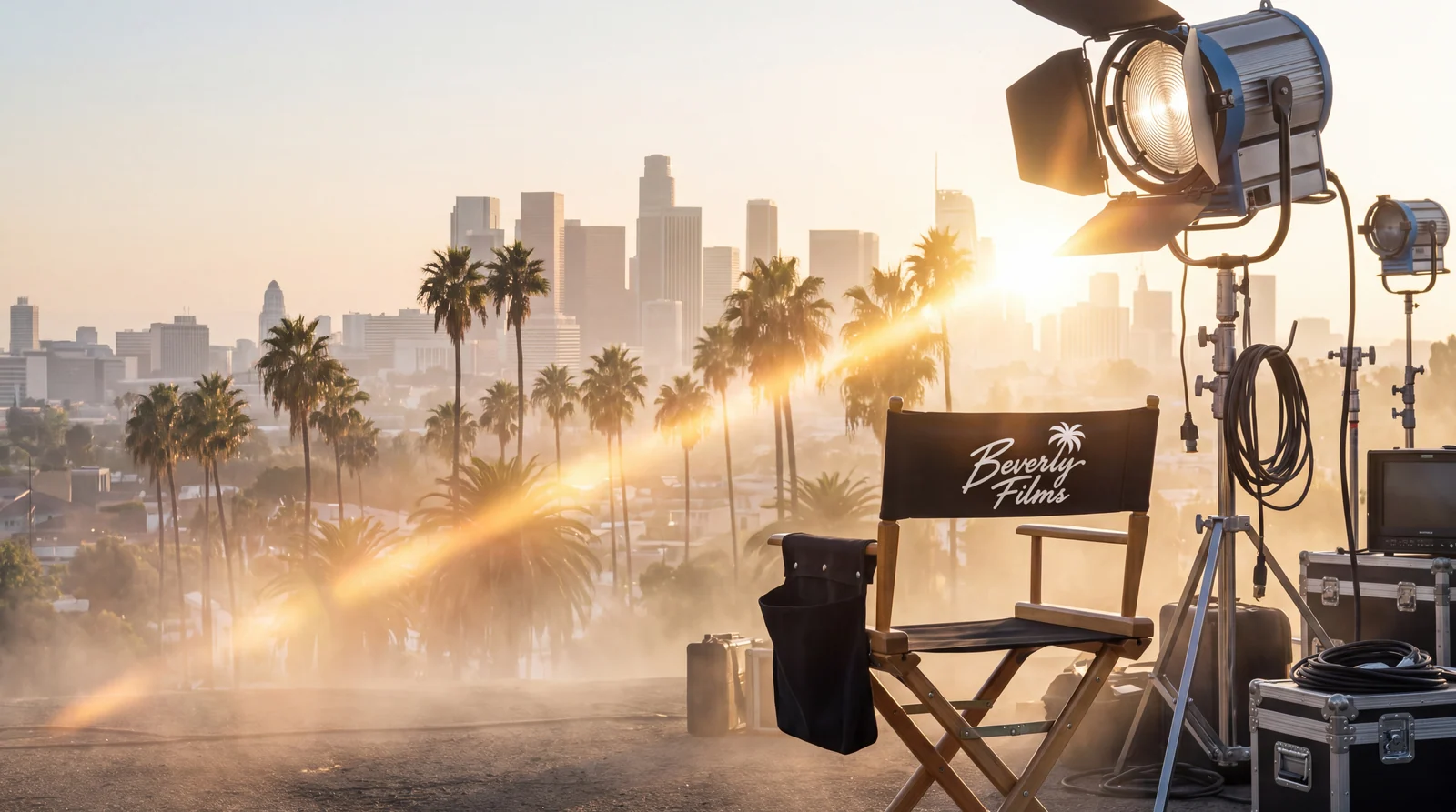 Director’s chair and film lights above the Los Angeles skyline